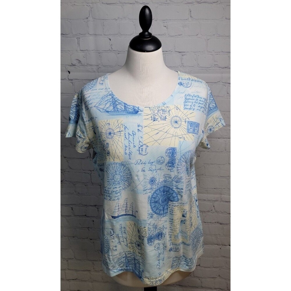 Vintage Talbots T-shirt size Med Blue Nautical Comfort Round Neck Classic